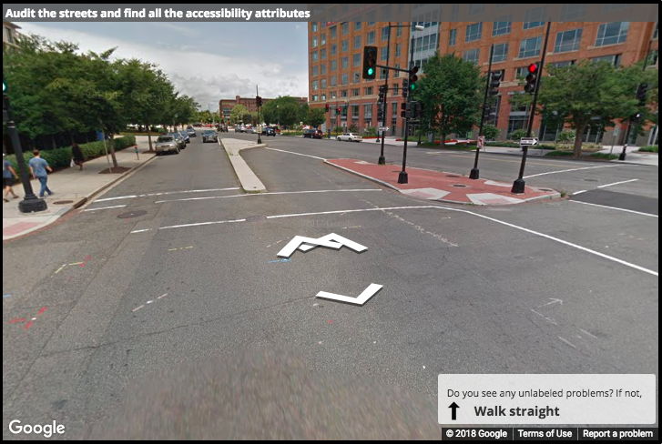 A Street View image of a curb ramp from a distance