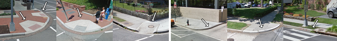 Examples of accessibility attributes: curb ramps, missing curb ramps, obstacles in path, and surface problems.