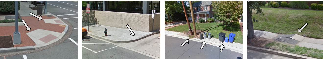 Examples of accessibility attributes: curb ramps, missing curb ramps, obstacles in path, and surface problems.